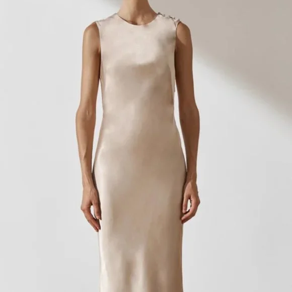 slim fit dress slacks La Lune Lace Back Maxi Dress | Gold | Dresses